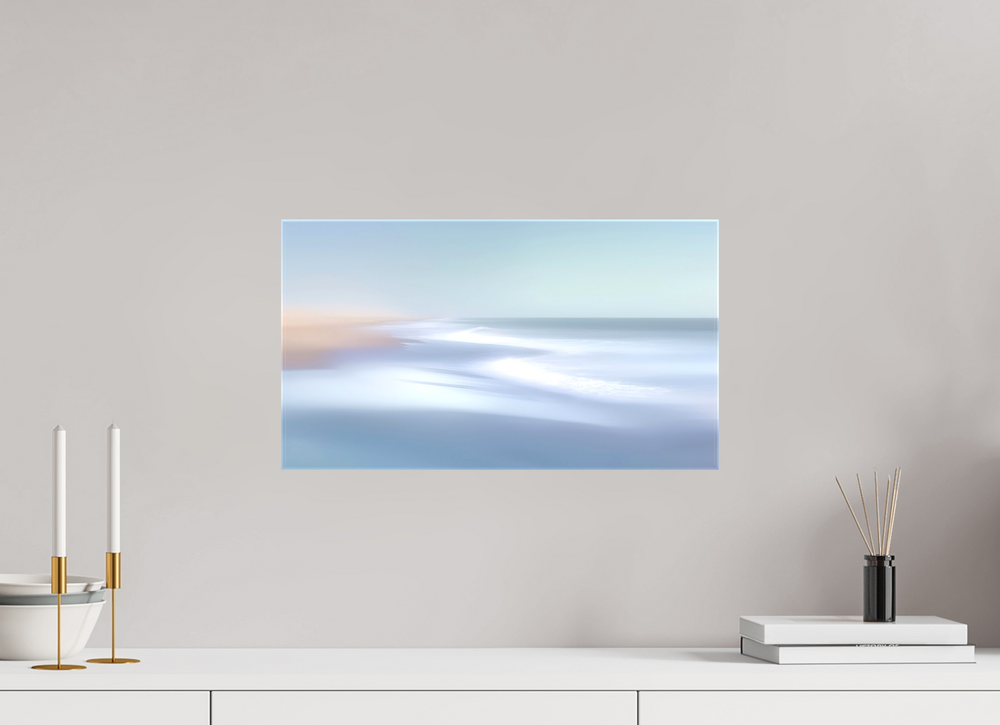 48 x 27 cm, Leinwand glänzend Verwehter Horizont – Strandlicht in Blau
