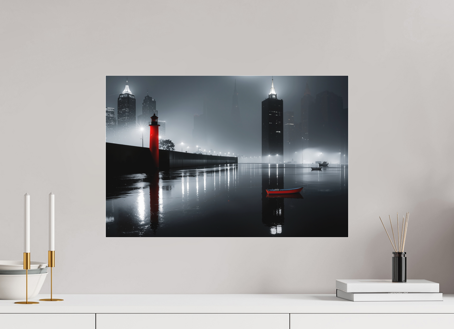 60 x 40 cm, Fine Art Pigmentdruck hinter Acrylglas Hafenstadt bei Nacht -noir city- 01
