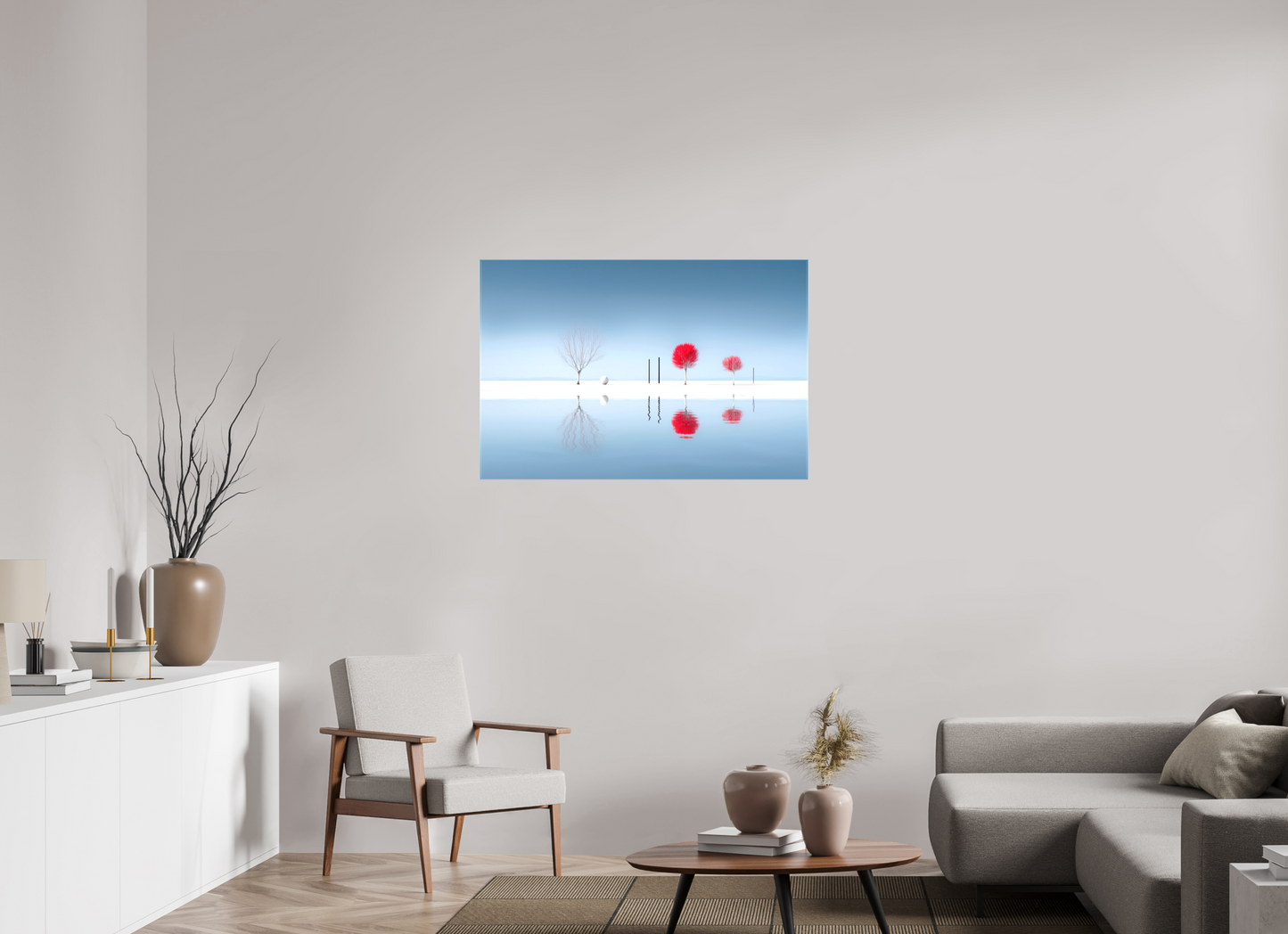 105 x 70 cm, Leinwand glänzend Rote Stille am Ufer