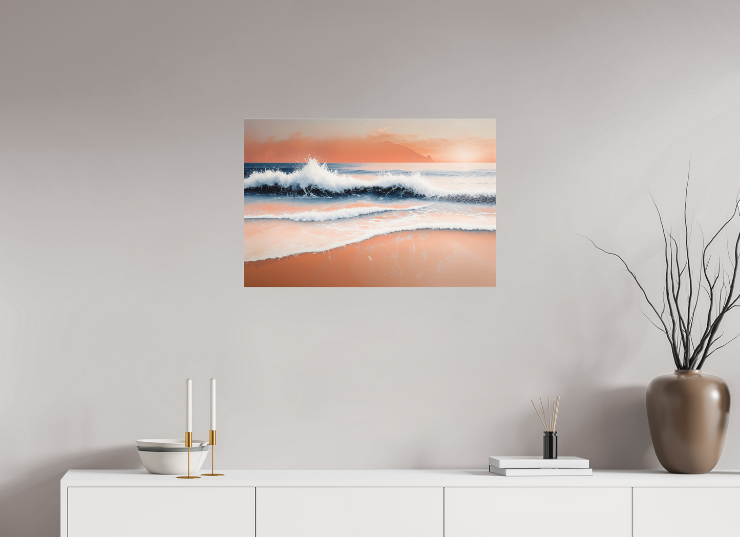 75 x 50 cm, Fine Art Pigmentdruck hinter Acrylglas Brandung in Pastell