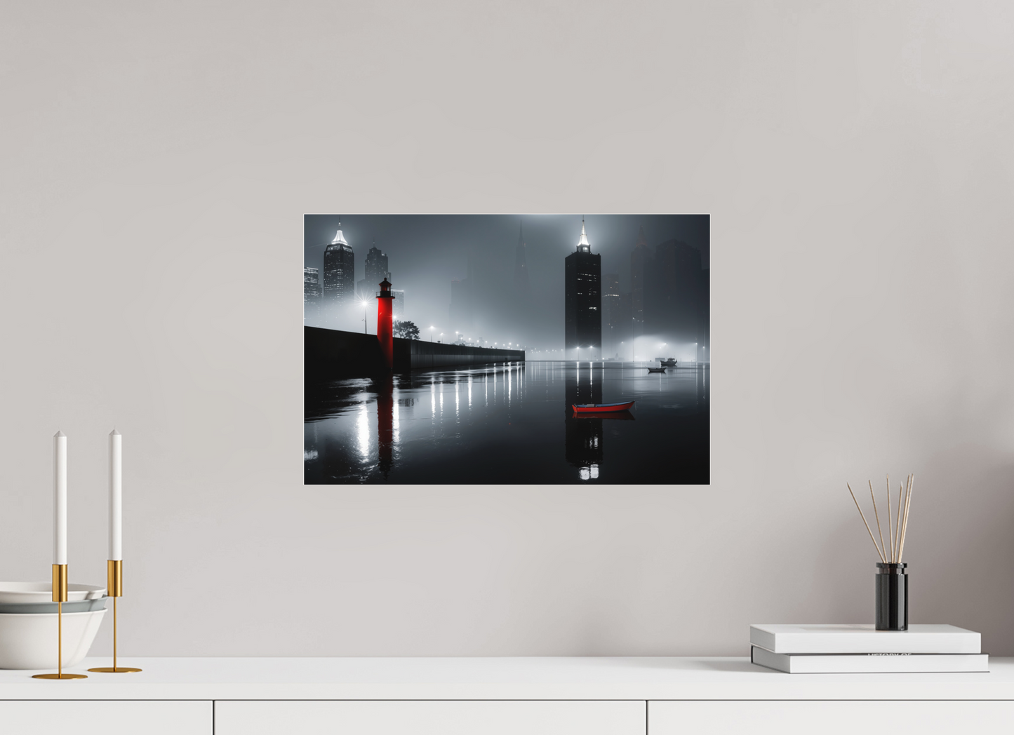 45 x 30 cm, Fine Art Pigmentdruck hinter Acrylglas Hafenstadt bei Nacht -noir city- 01