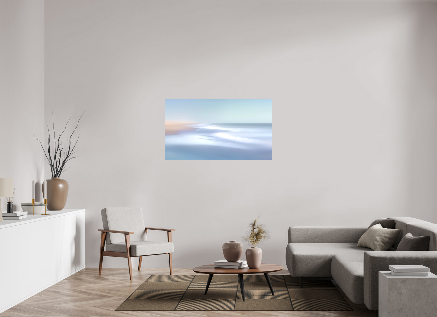 128 x 72 cm, Leinwand glänzend Verwehter Horizont – Strandlicht in Blau
