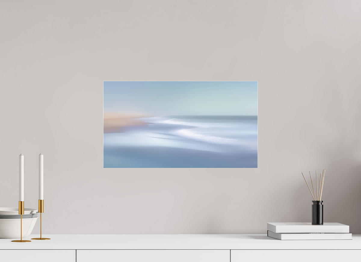 48 x 27 cm, Fine Art Pigmentdruck hinter Acrylglas Verwehter Horizont – Strandlicht in Blau—Wandkunst, Fine Art Print, Leinwand, Acryldruck, Alu-Dibond