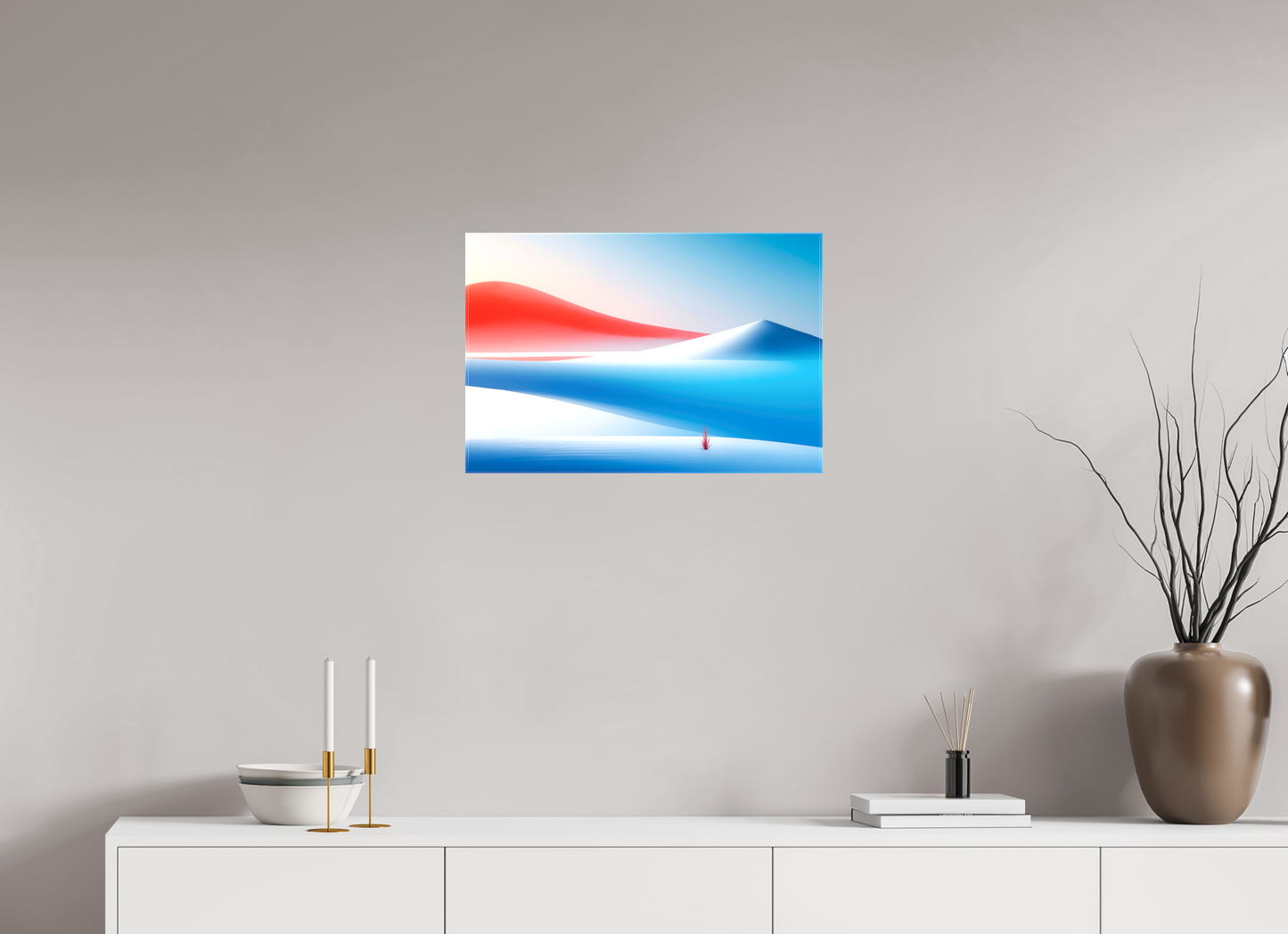 60 x 40 cm, Leinwand glänzend Rotes Leuchten, blaue Stille—Wandkunst, Fine Art Print, Leinwand, Acryldruck, Alu-Dibond