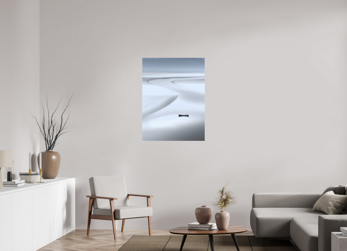 75 x 100 cm, Fine Art Pigmentdruck hinter Acrylglas Boot im Wattenmeer
