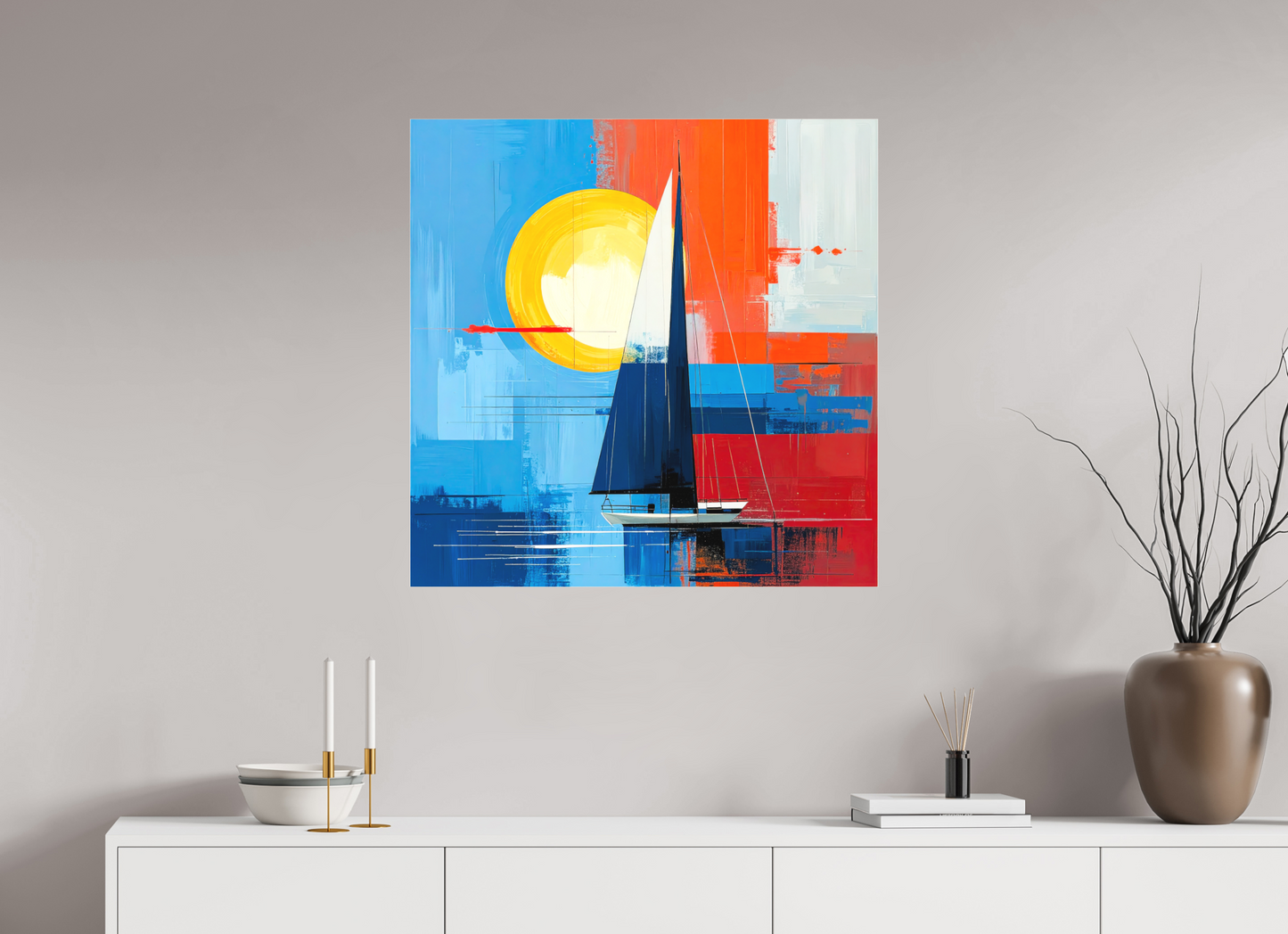 80 x 80 cm, Fine Art Pigmentdruck hinter Acrylglas Segelboot-Kunst – Licht, Farbe und Bewegung