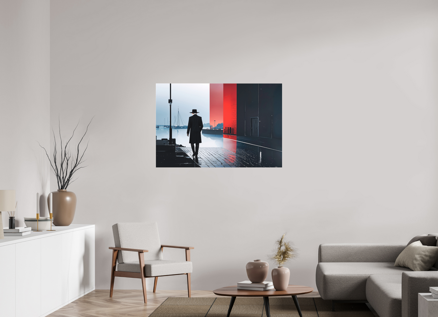 120 x 80 cm, Fine Art Pigmentdruck hinter Acrylglas Mann in Hafenstadt -noir city- 01