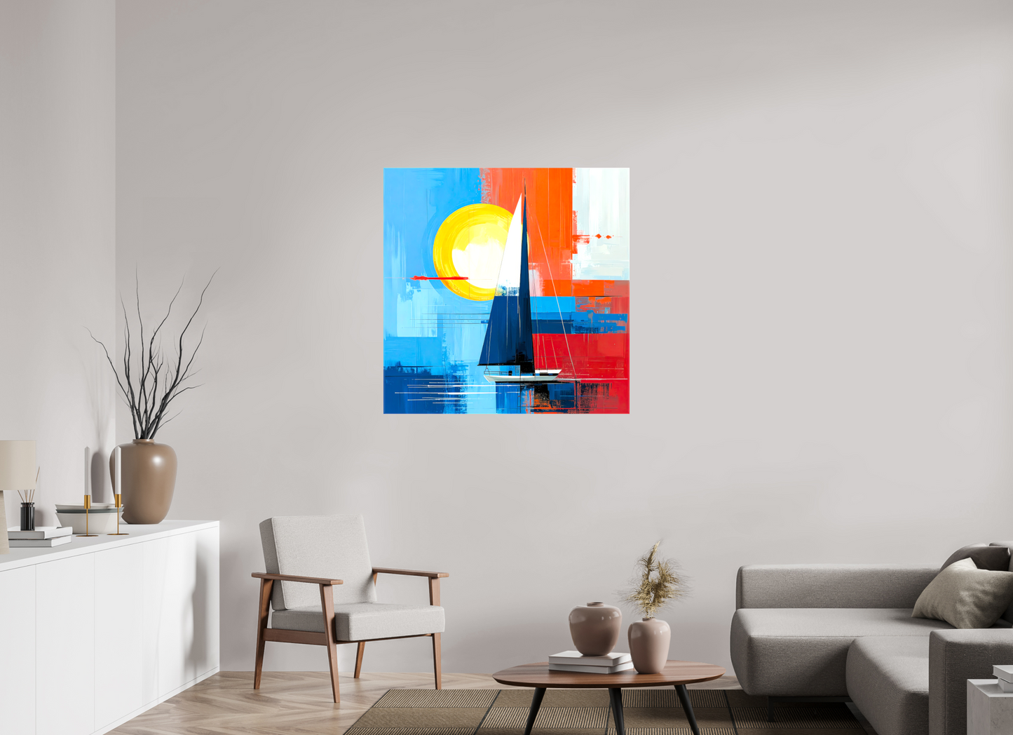 100 x 100 cm, Leinwand glänzend Segelboot-Kunst – Licht, Farbe und Bewegung