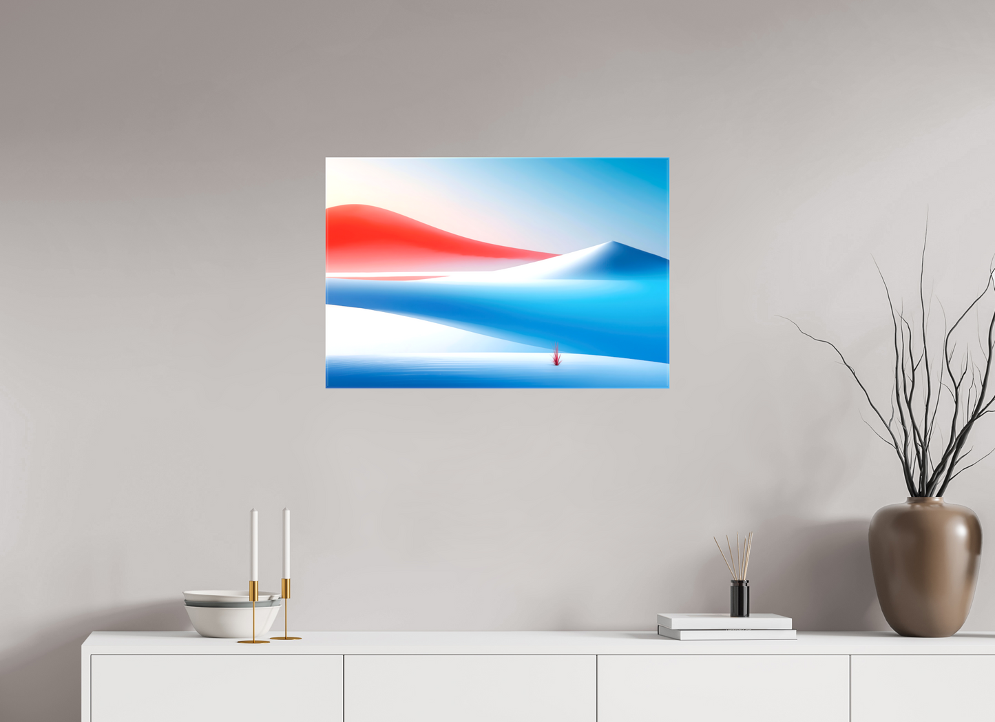 75 x 50 cm, Leinwand glänzend Rotes Leuchten, blaue Stille—Wandkunst, Fine Art Print, Leinwand, Acryldruck, Alu-Dibond