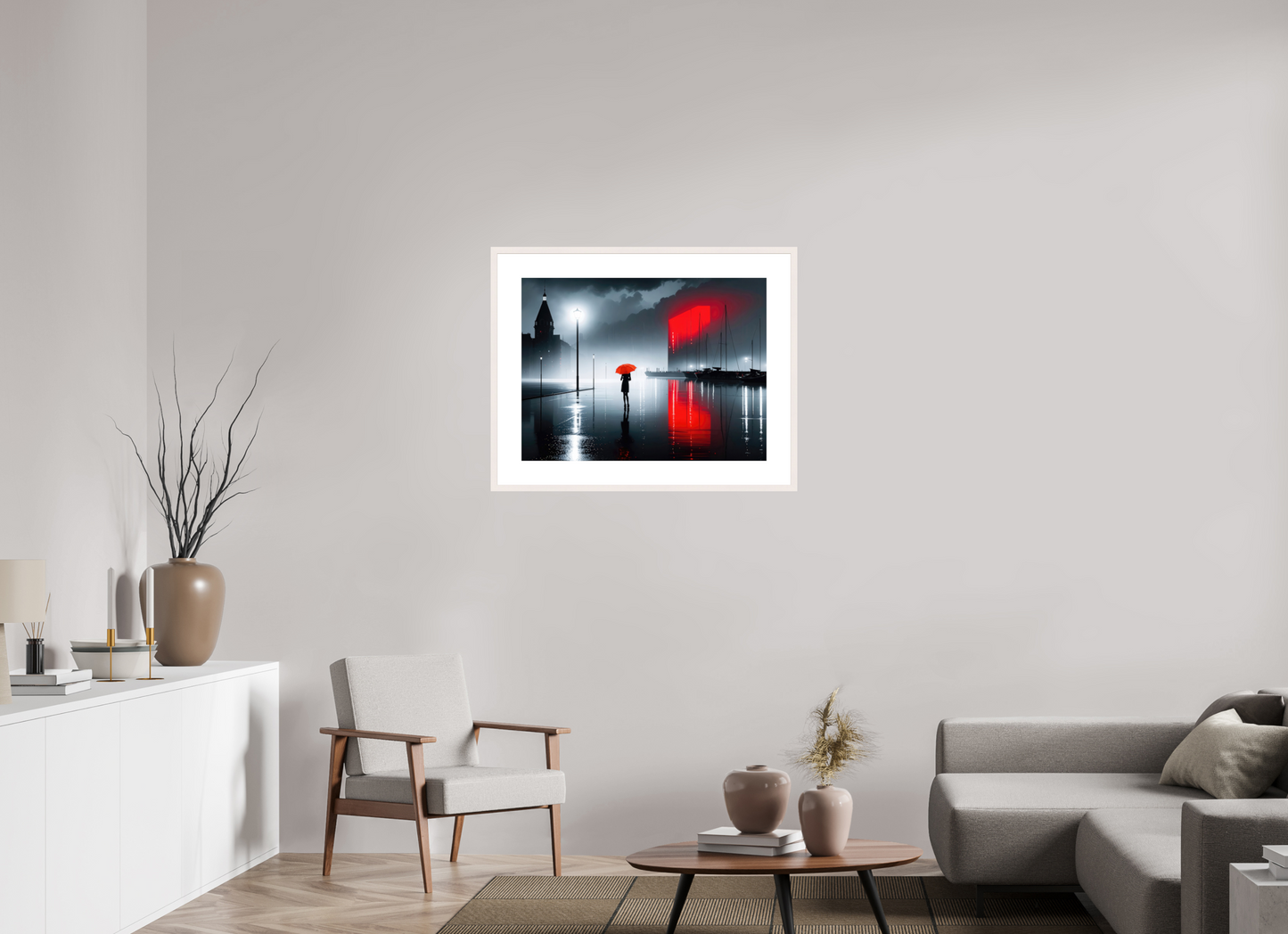 80 x 60 cm, Fine Art Print gerahmt Frau am Seglerhafen bei Nacht-01