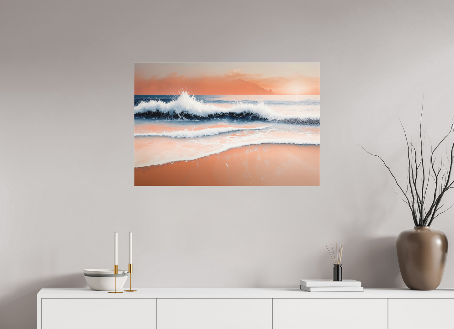 90 x 60 cm, Fine Art Pigmentdruck hinter Acrylglas Brandung in Pastell