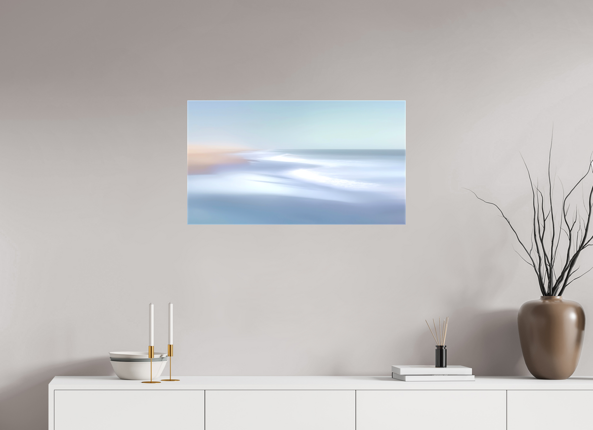 80 x 45 cm, Leinwand glänzend Verwehter Horizont – Strandlicht in Blau—Wandkunst, Fine Art Print, Leinwand, Acryldruck, Alu-Dibond