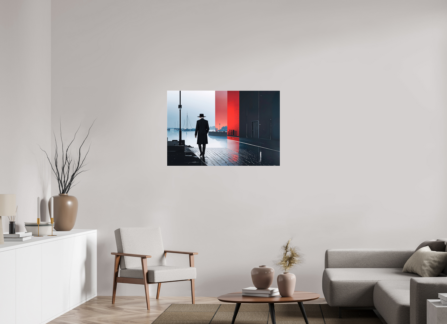 105 x 70 cm, Acrylglas glänzend standard Mann in Hafenstadt -noir city- 01