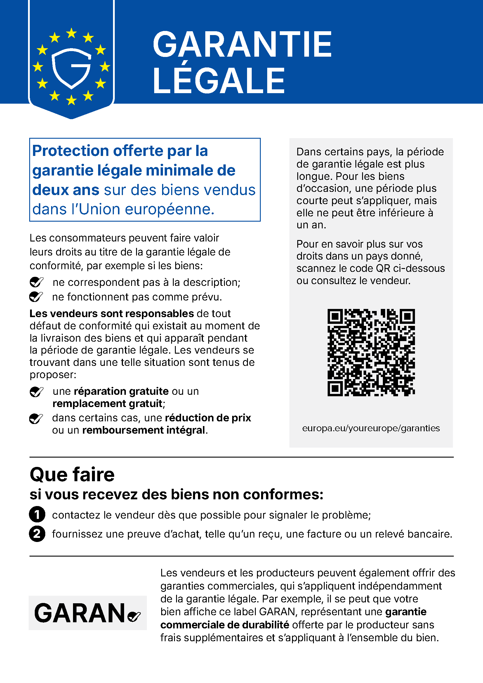 Avis de l’Union européenne sur la garantie légale