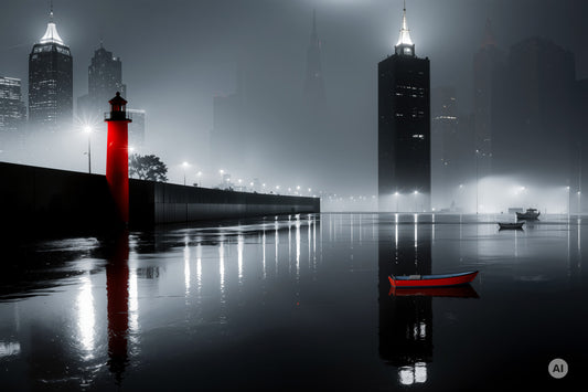 Hafenstadt bei Nacht -noir city- 01—Wandkunst, Fine Art Print, Leinwand, Acryldruck, Alu-Dibond