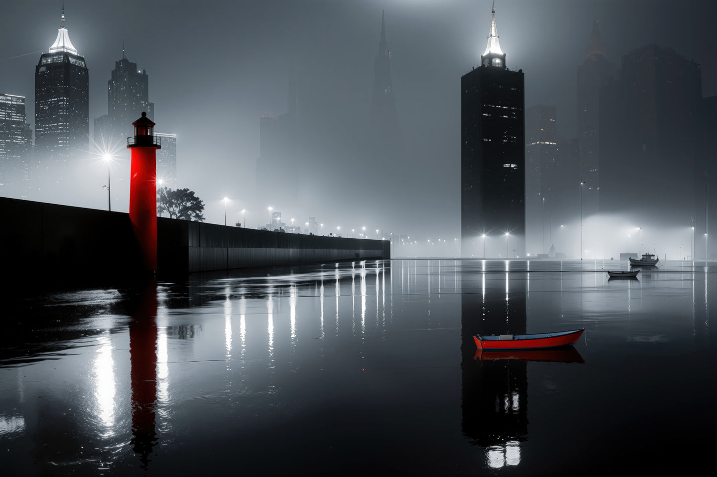 Ville portuaire de nuit -ville noire- 01—Art mural, impression d'art, toile, impression acrylique, alu-dibond