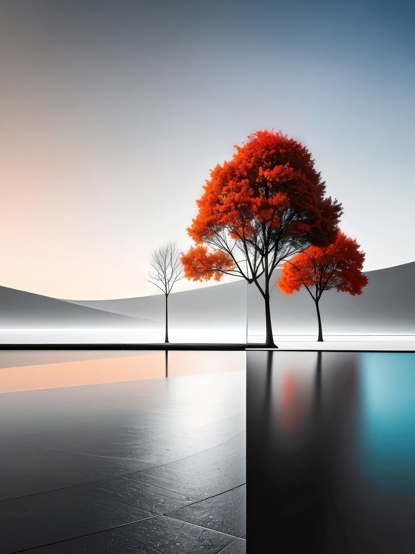 In the Mirror of Silence-01 – Artistic canvas print with red trees and calm water surface