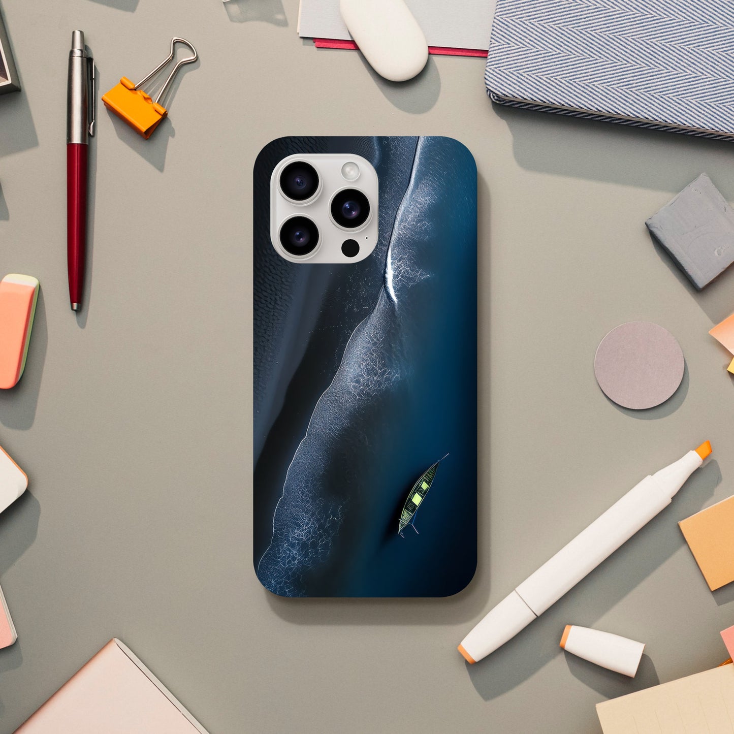 Handyhülle, Phone-Case für IPhone-Modelle, Motiv an Strand und Meer, Wattenmeer, Ozean, bei Nacht, Vogelperspektive, minimalistisch künstlerisch