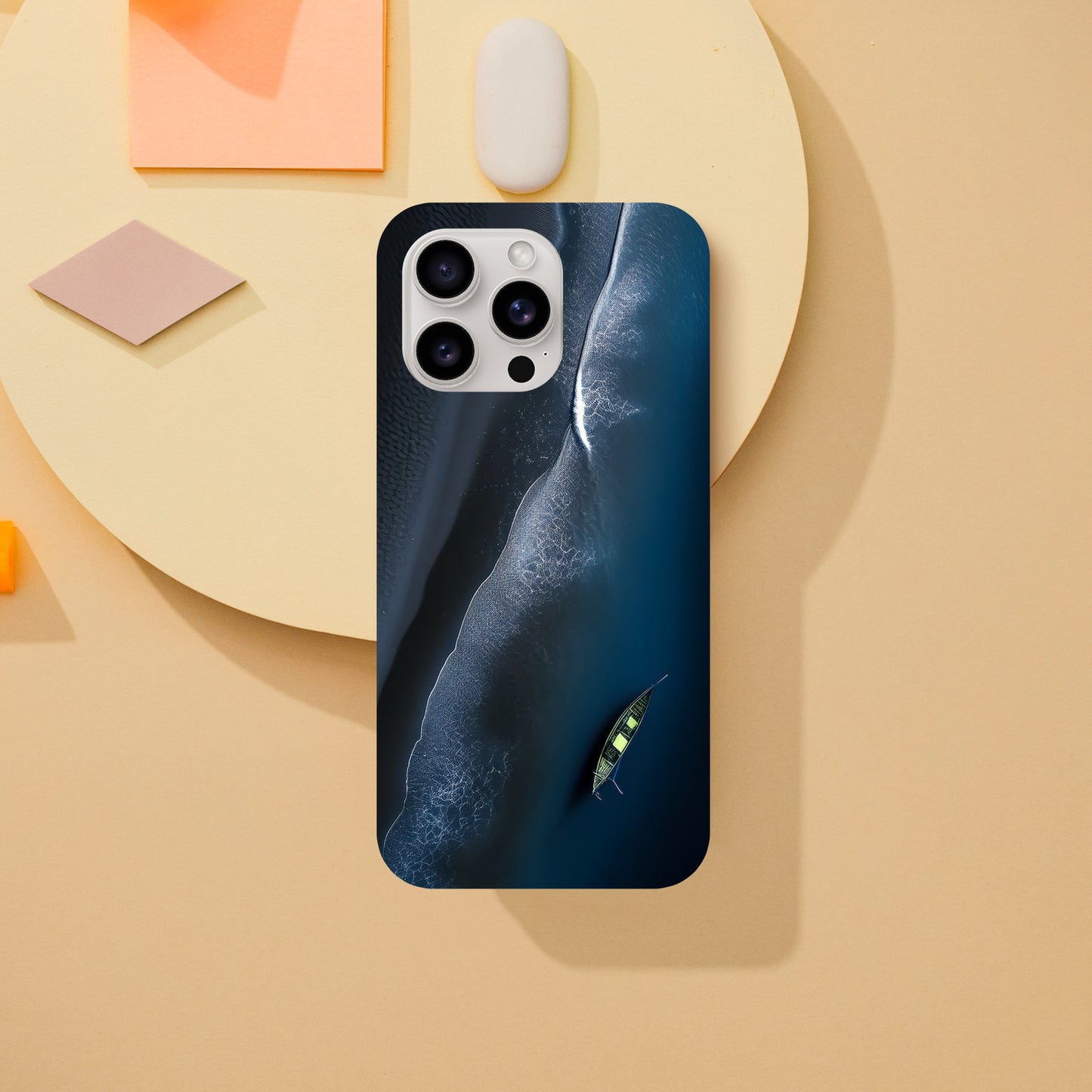 Handyhülle, Phone-Case für IPhone-Modelle, Motiv an Strand und Meer, Wattenmeer, Ozean, bei Nacht, Vogelperspektive, minimalistisch künstlerisch