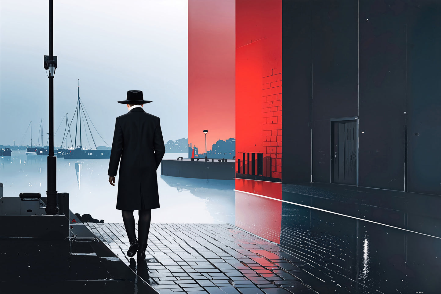 Homme dans une ville portuaire -noir city- 01—Art mural, Impression Fine Art, Toile, Impression acrylique, Alu-Dibond