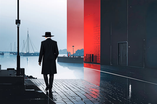 Homme dans une ville portuaire -noir city- 01—Art mural, Impression Fine Art, Toile, Impression acrylique, Alu-Dibond