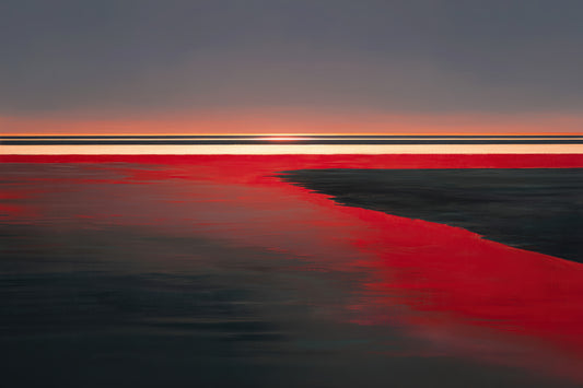 Miroir rouge des Wadden, peinture murale abstraite et surréaliste montrant la magie de la mer des Wadden