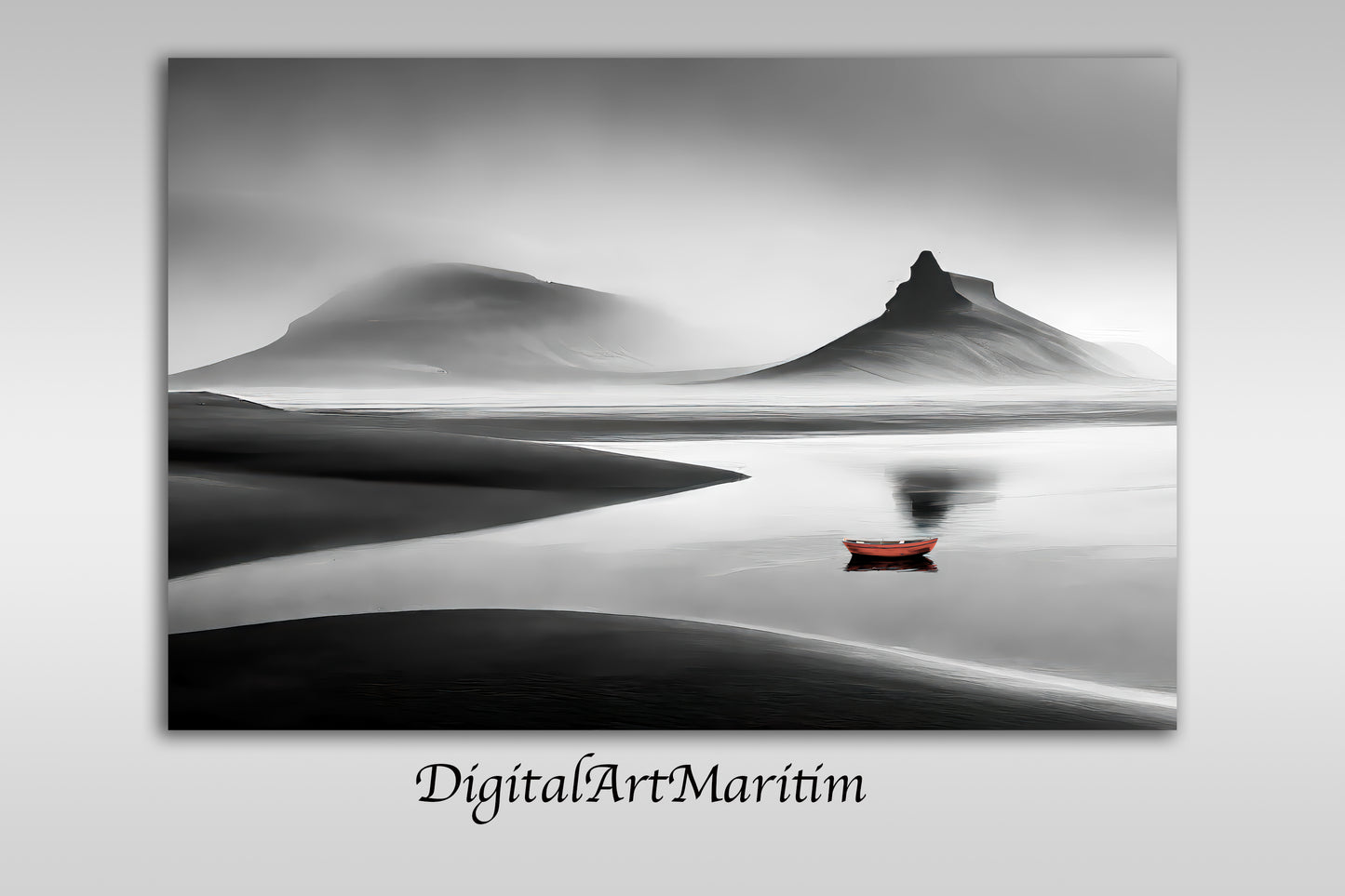 Rotes Boot in futuristischer Küstenlandschaft-01-23, Premium Poster auf mattem Papier, Wandbild, ohne Rahmen