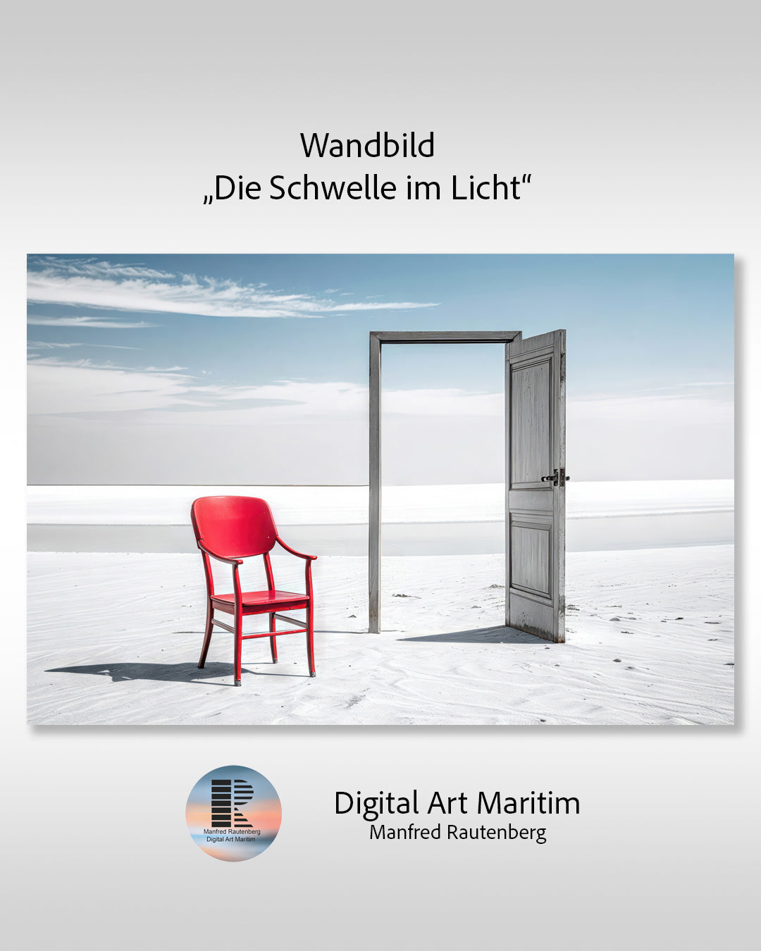 Minimalistischer, surrealer Leinwanddruck 'Die Schwelle im Licht' – Roter Stuhl, Tuerrahmen, Strand, Meer