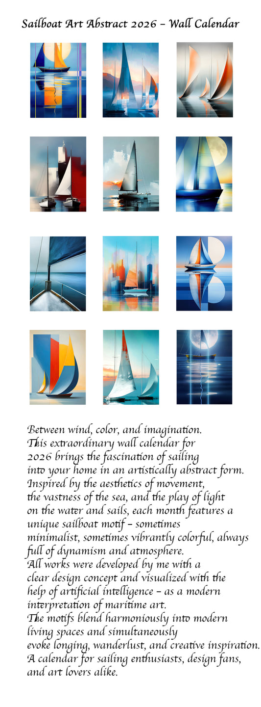 Voilier Art Abstrait 2026 – Calendrier mural vertical de haute qualité, anglais, voiliers, maritime, artistique