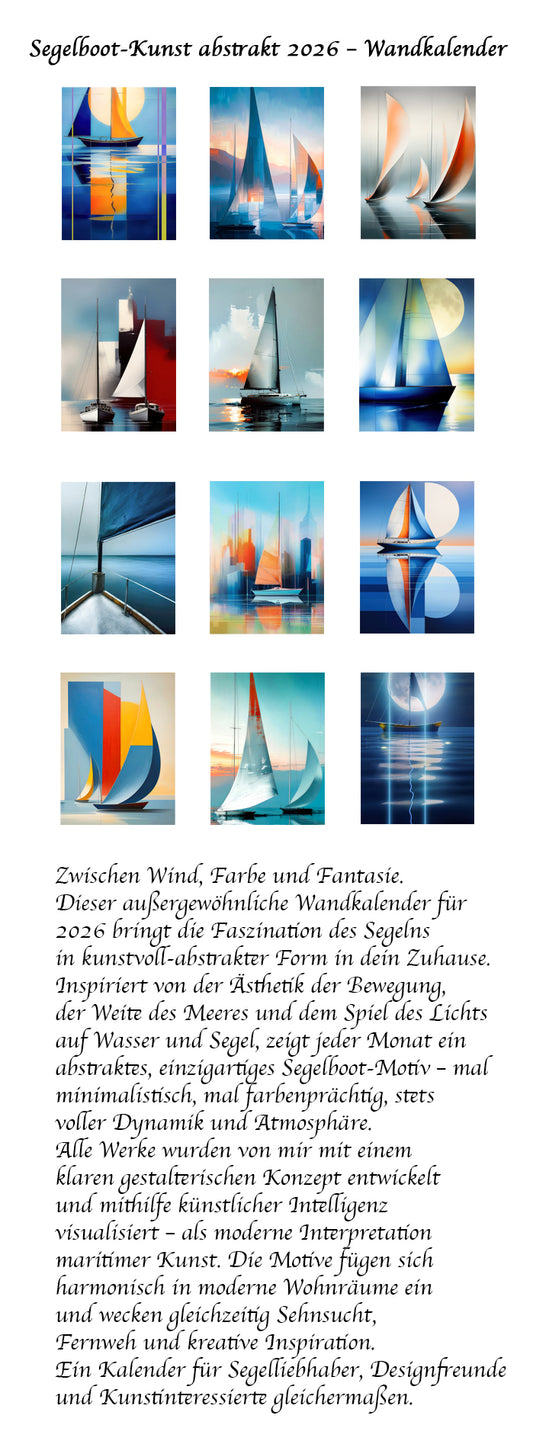 Voilier Art Abstrait 2026 – Calendrier mural vertical de haute qualité, allemand, voiliers, maritime, artistique