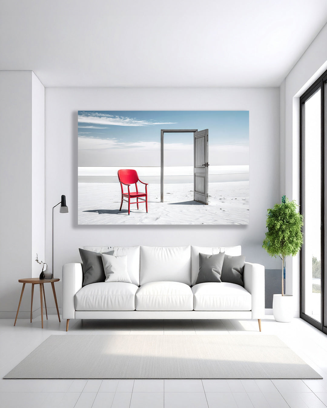 Minimalistischer, surrealer Leinwanddruck 'Die Schwelle im Licht' – Roter Stuhl, Tuerrahmen, Strand, Meer