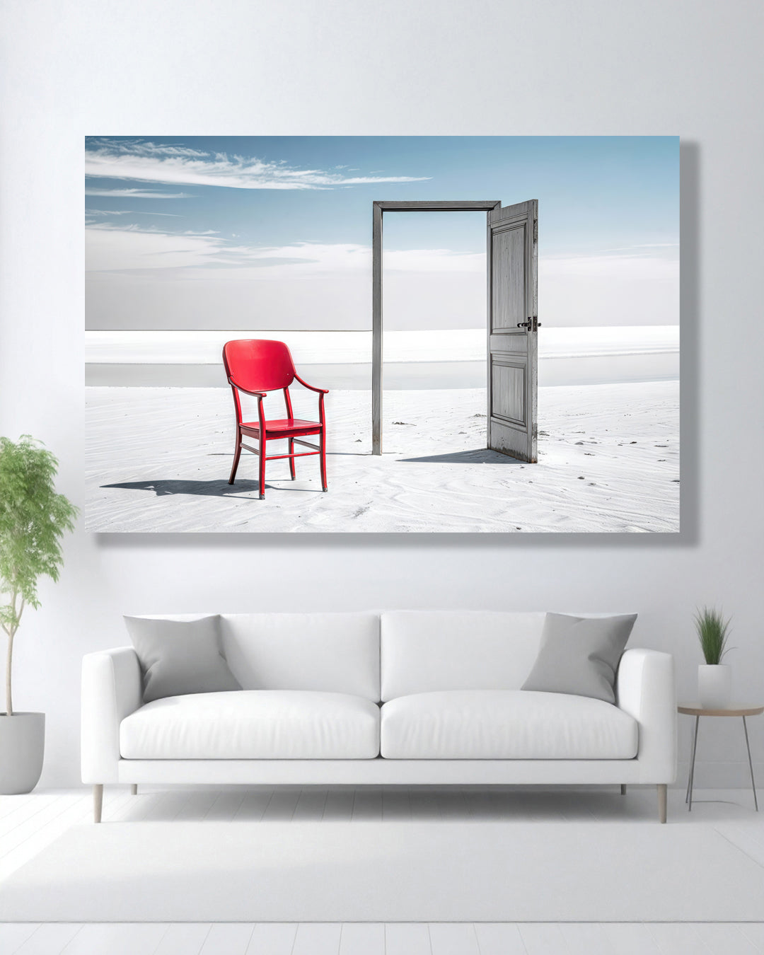 Minimalistischer, surrealer Leinwanddruck 'Die Schwelle im Licht' – Roter Stuhl, Tuerrahmen, Strand, Meer