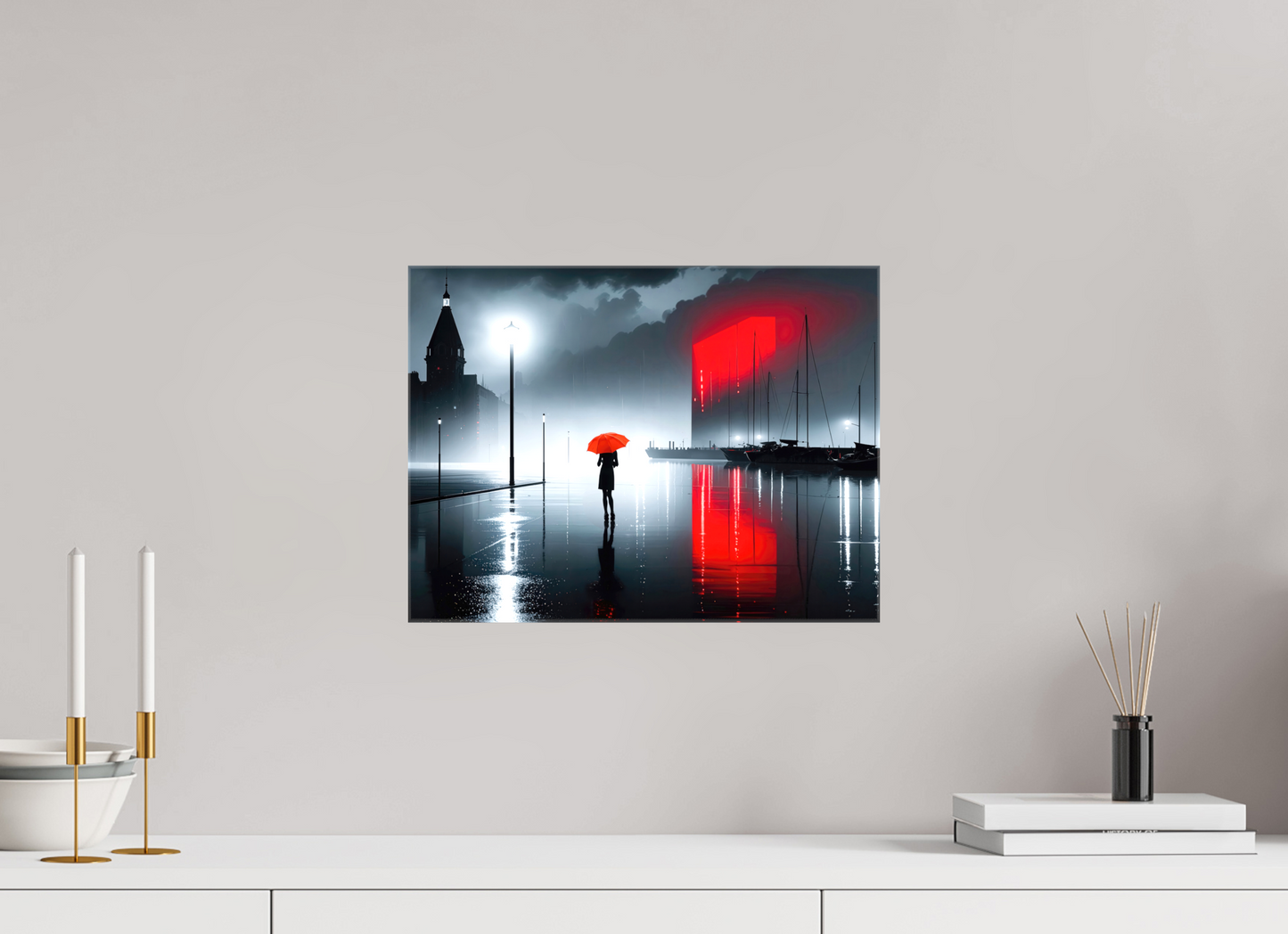 40 x 30 cm, Leinwand glänzend Frau am Seglerhafen bei Nacht-01