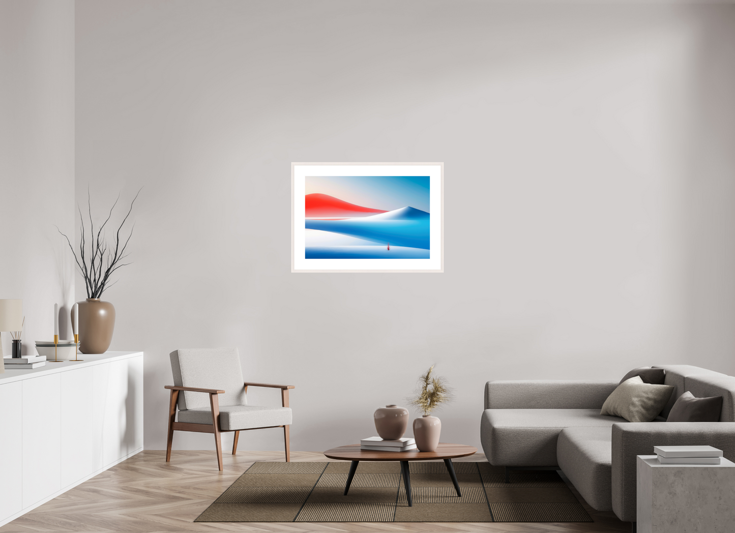 90 x 60 cm, Fine Art Print gerahmt Rotes Leuchten, blaue Stille—Wandkunst, Fine Art Print, Leinwand, Acryldruck, Alu-Dibond