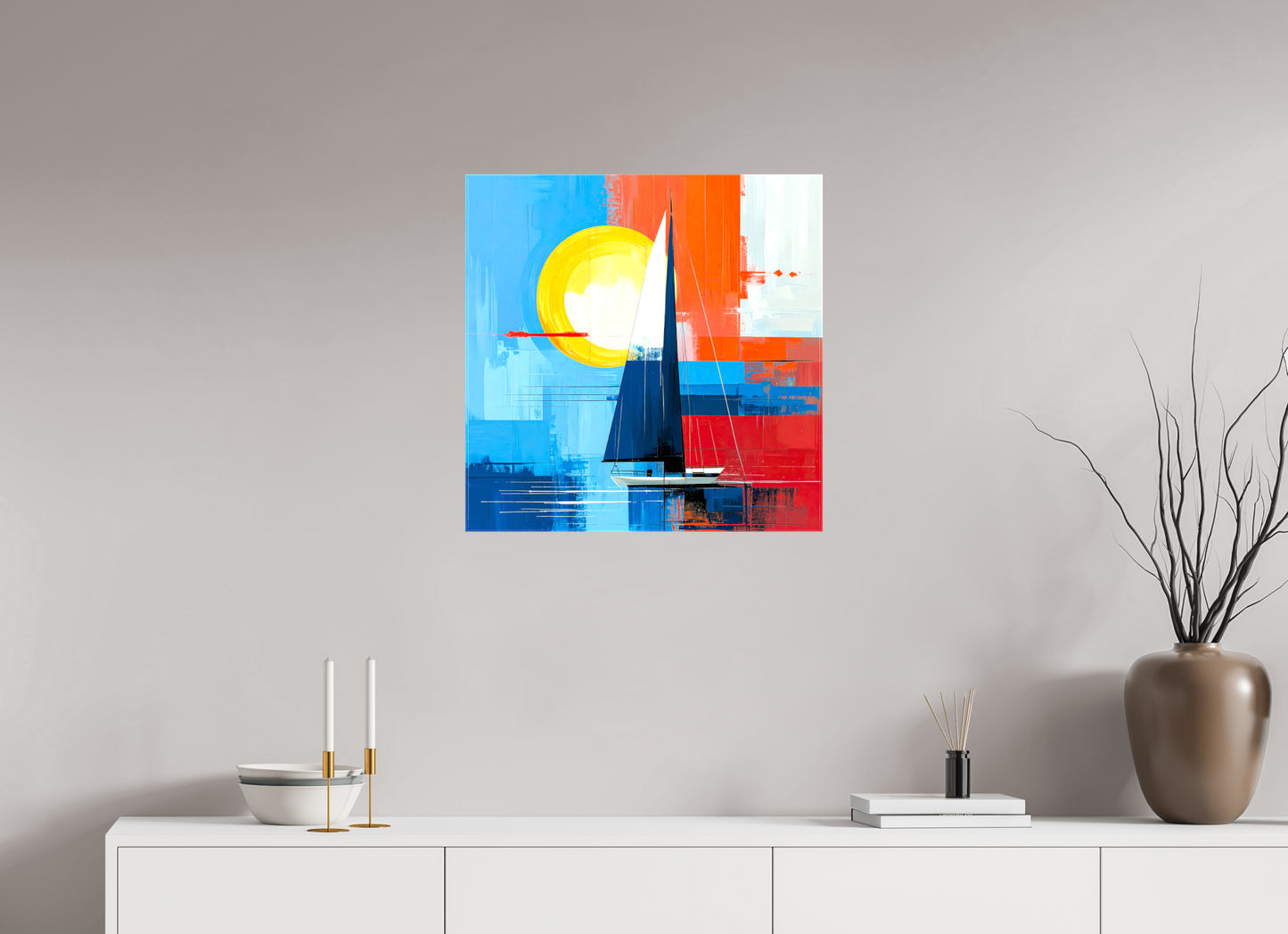 60 x 60 cm, Leinwand glänzend Segelboot-Kunst – Licht, Farbe und Bewegung