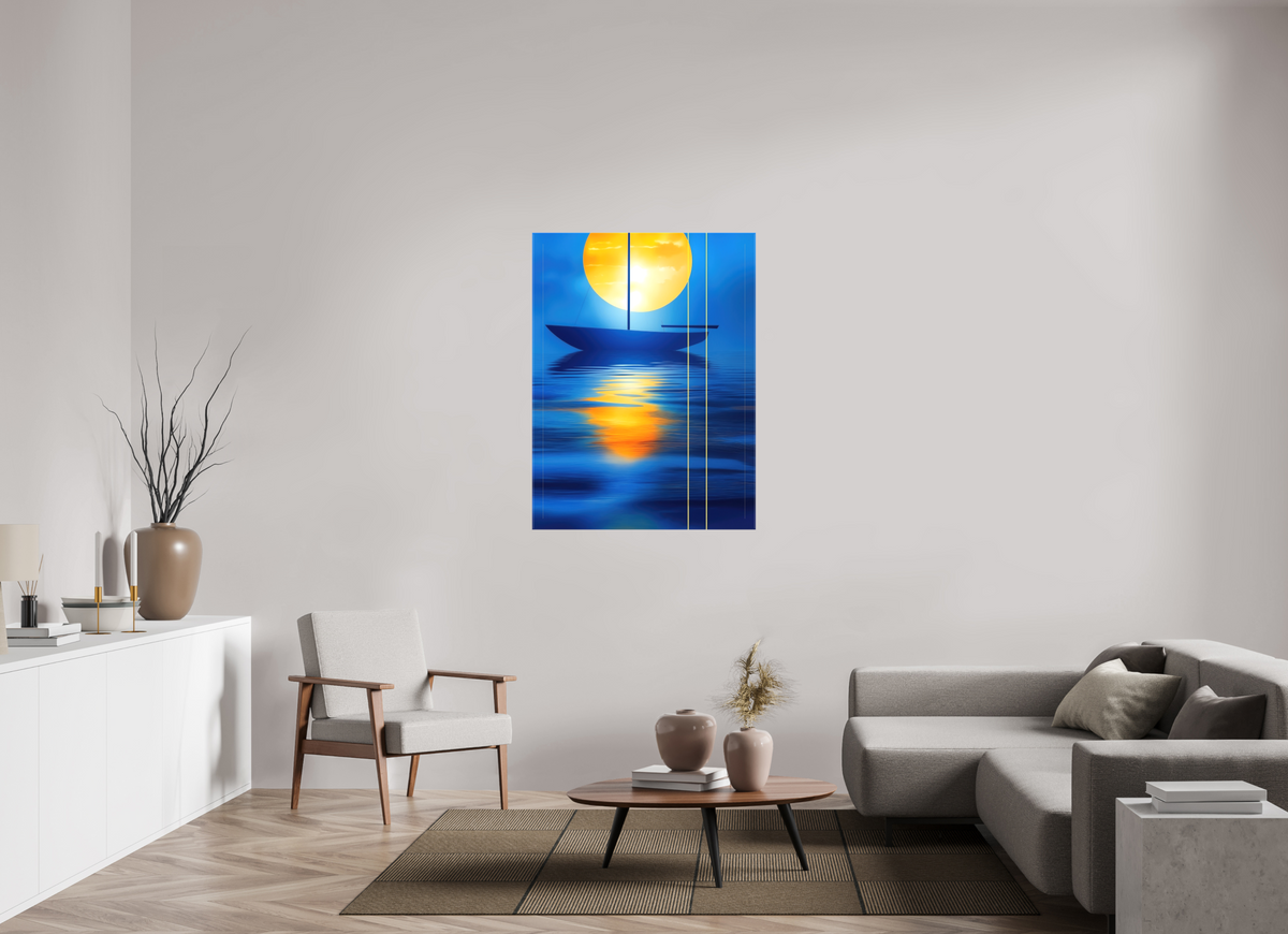 90 x 120 cm, Leinwand glänzend Segel im goldenen Kreis—Wandkunst, Fine Art Print, Leinwand, Acryldruck, Alu-Dibond