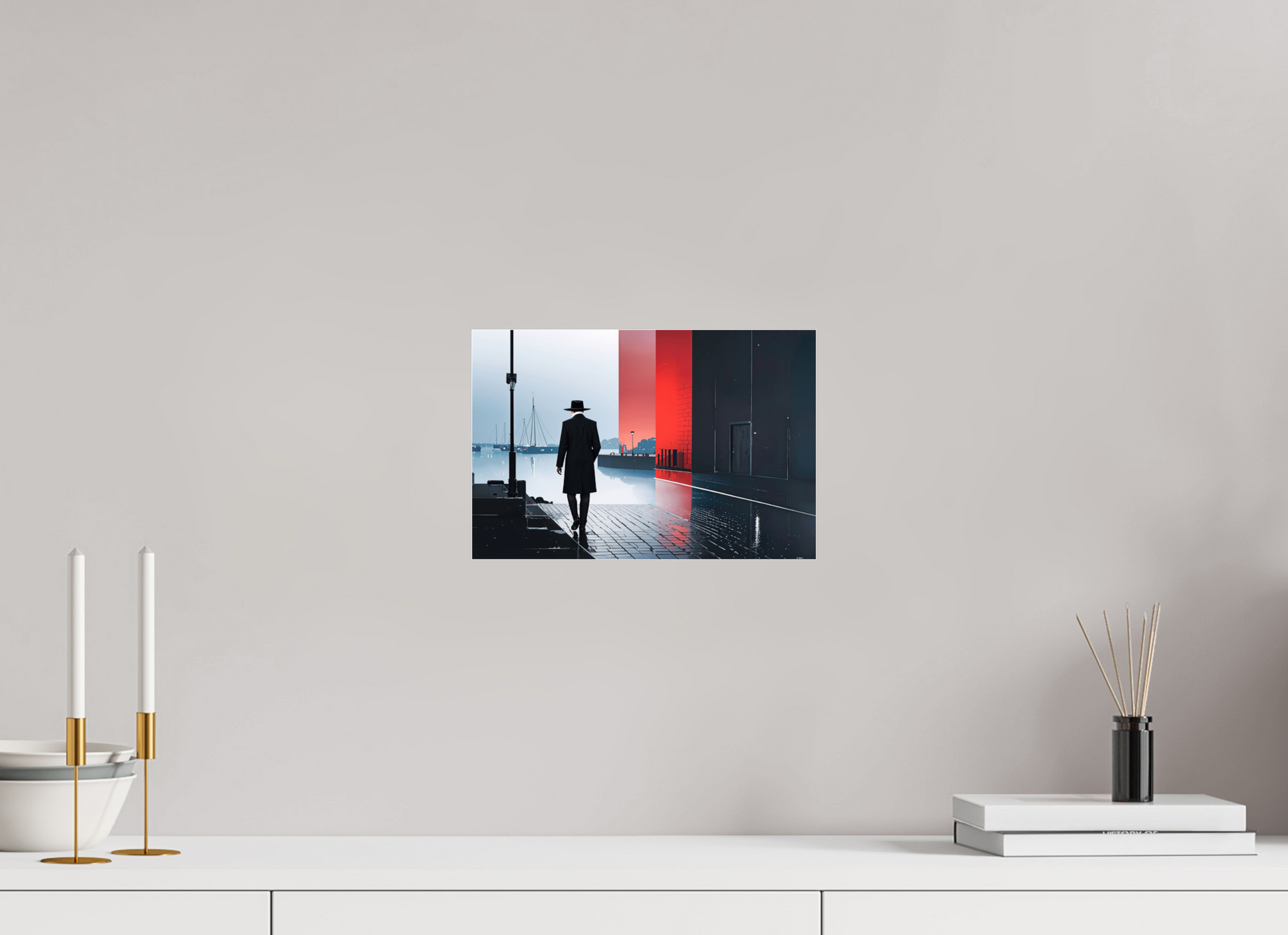 30 x 20 cm, Acrylglas glänzend standard Mann in Hafenstadt -noir city- 01