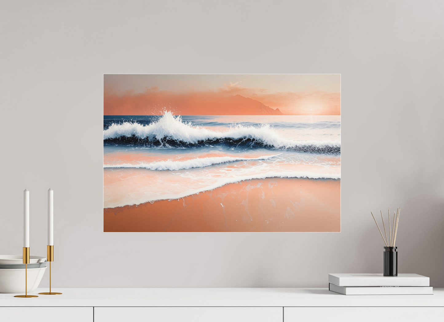 60 x 40 cm, Fine Art Pigmentdruck hinter Acrylglas Brandung in Pastell