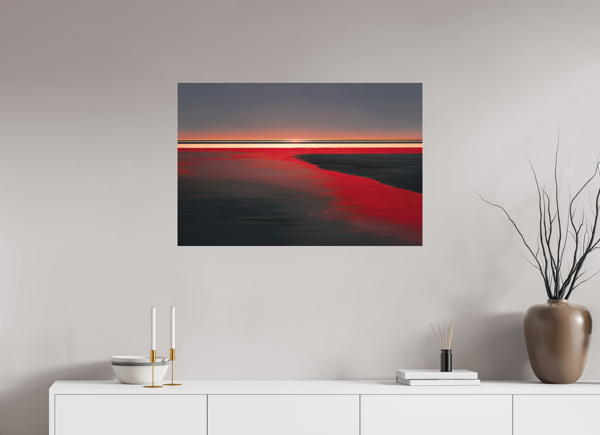 90 x 60 cm, Fine Art Pigmentdruck hinter Acrylglas Roter Spiegel des Watts, Abstraktes, surreales Wandbild zeigt die Magie des Wattenmeeres