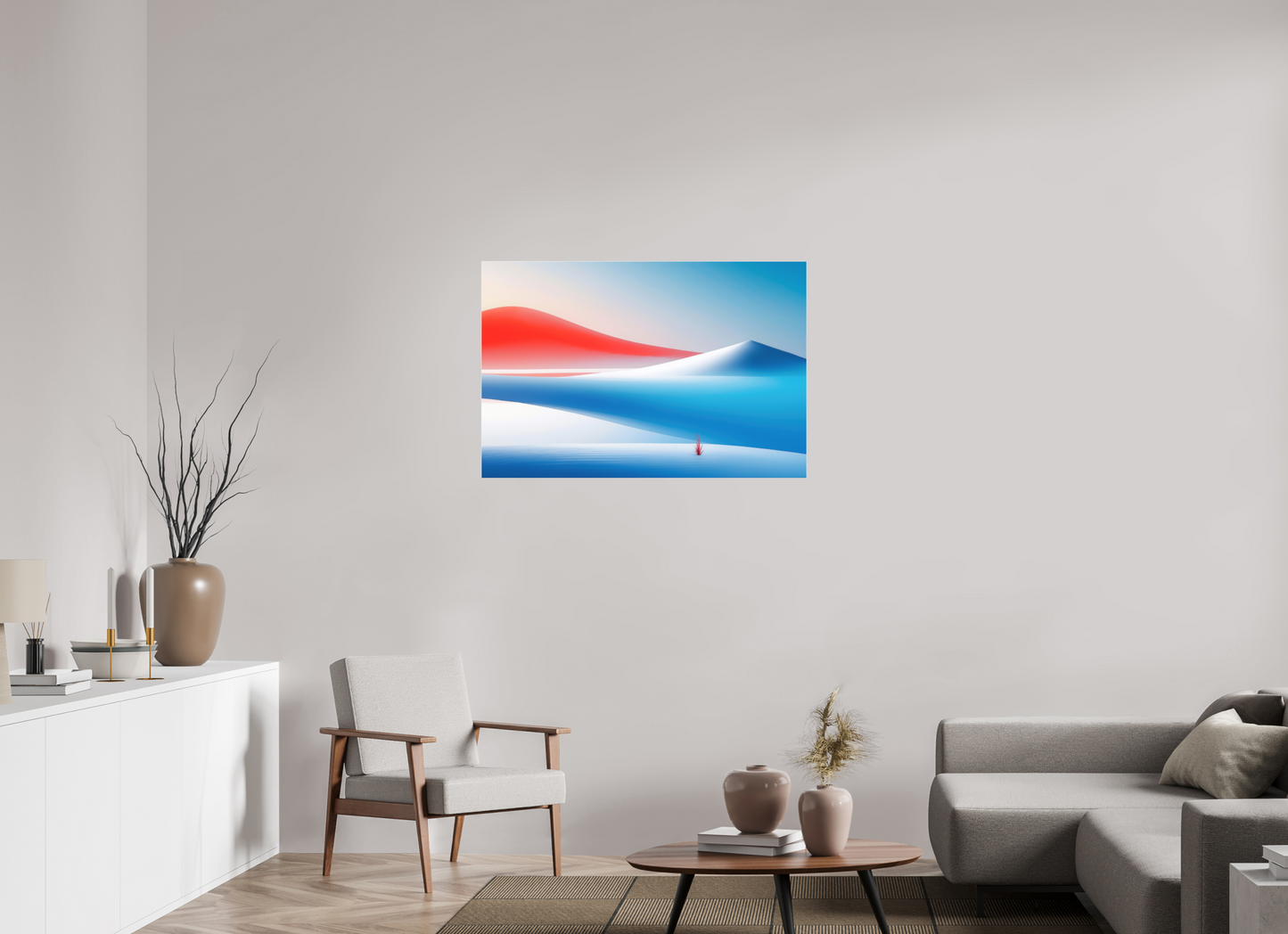 105 x 70 cm, Fine Art Pigmentdruck hinter Acrylglas Rotes Leuchten, blaue Stille—Wandkunst, Fine Art Print, Leinwand, Acryldruck, Alu-Dibond