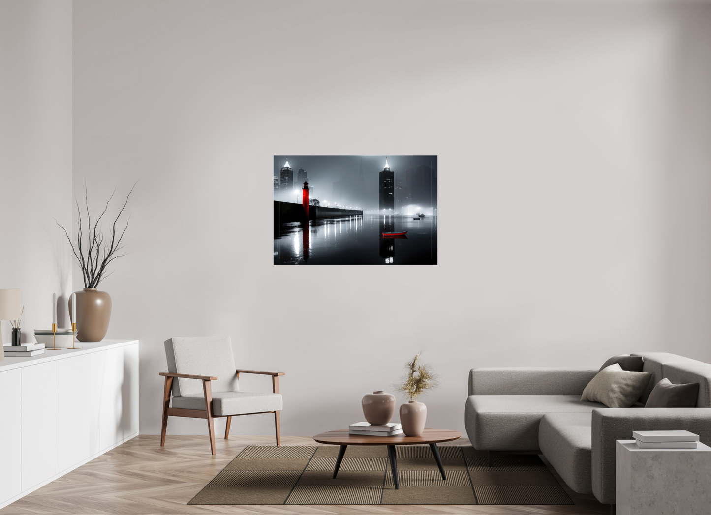 120 x 80 cm, Leinwand glänzend Hafenstadt bei Nacht -noir city- 01