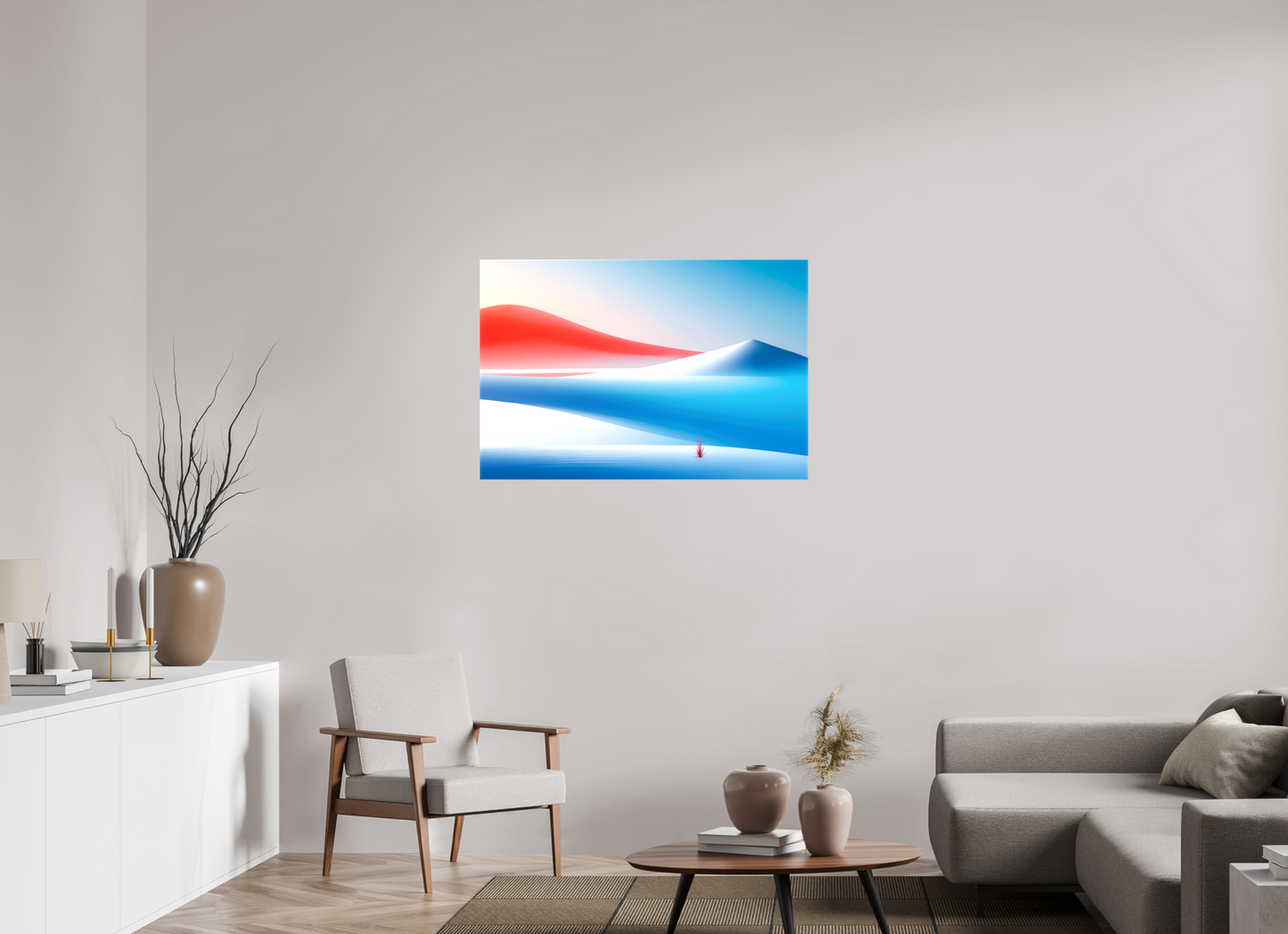105 x 70 cm, Leinwand glänzend Rotes Leuchten, blaue Stille—Wandkunst, Fine Art Print, Leinwand, Acryldruck, Alu-Dibond