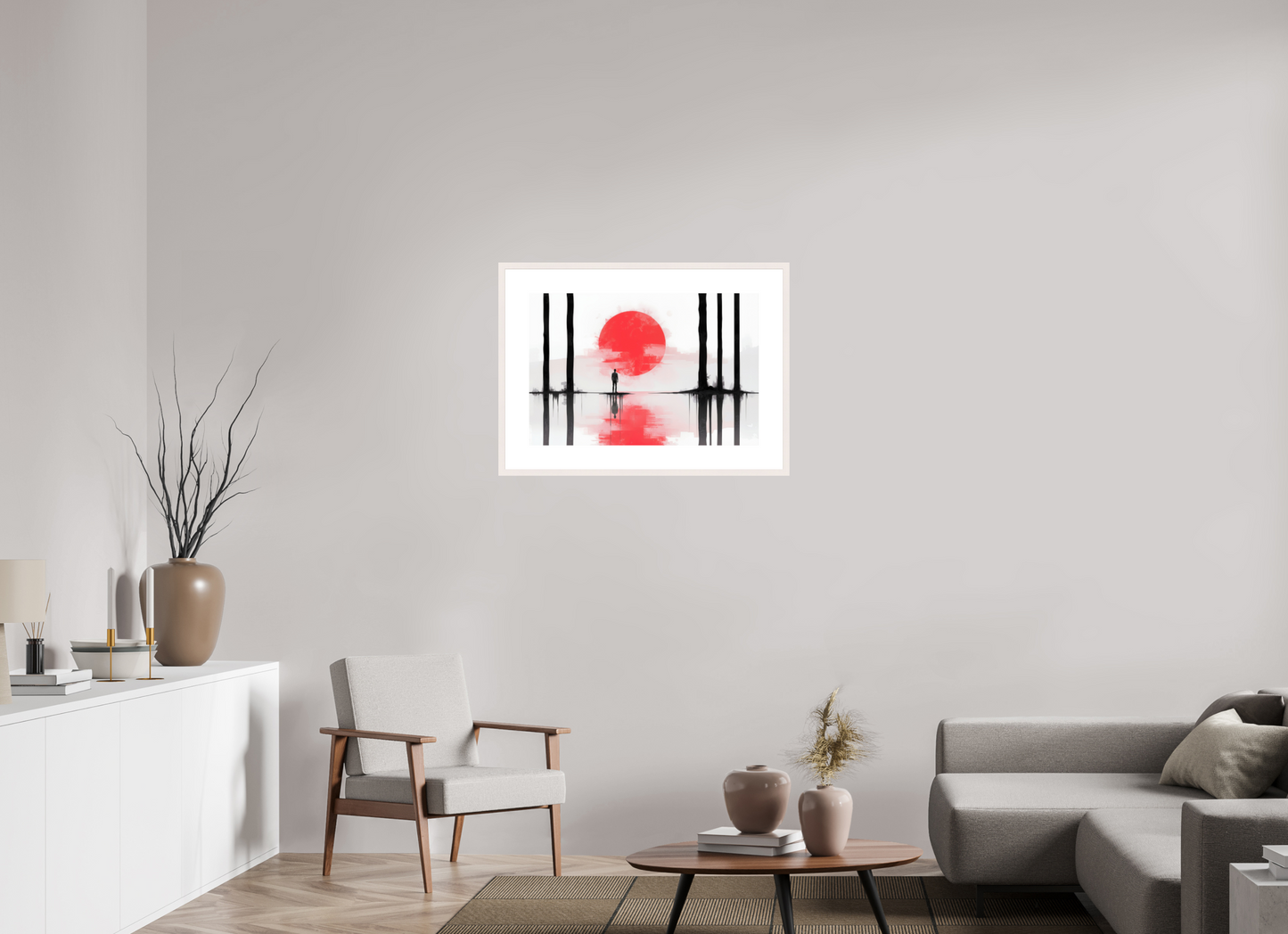 75 x 50 cm, Fine Art Print gerahmt Rote Sonne, Stille Küste