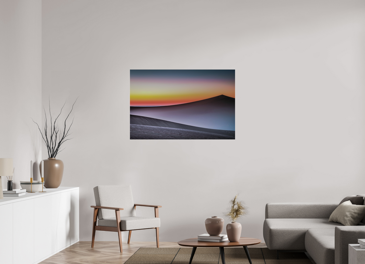 120 x 80 cm, Fine Art Pigmentdruck hinter Acrylglas Dämmerung über der Düne—Wandkunst, Fine Art Print, Leinwand, Acryldruck, Alu-Dibond
