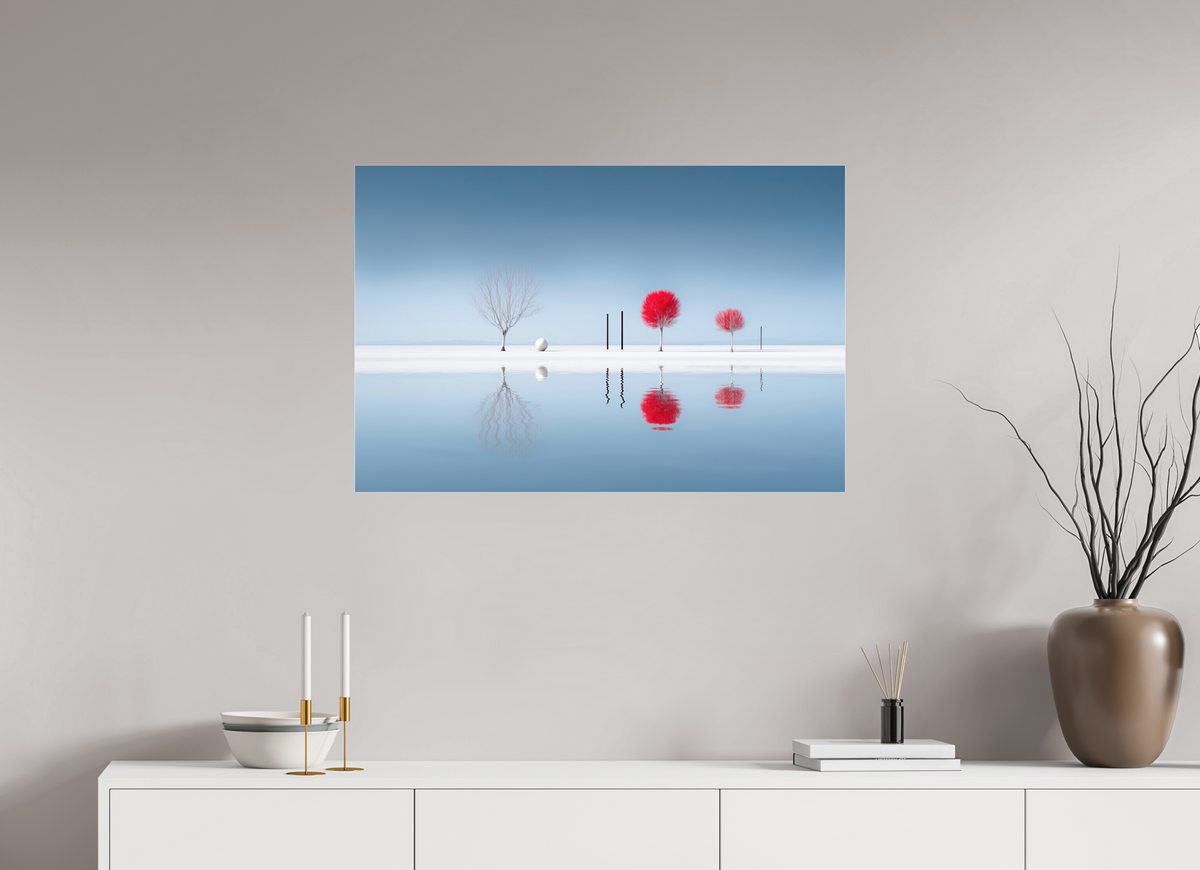 90 x 60 cm, Acrylglas glänzend standard Rote Stille am Ufer—Wandkunst, Fine Art Print, Leinwand, Acryldruck, Alu-Dibond