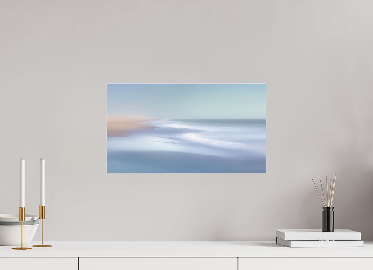 48 x 27 cm, Acrylglas glänzend standard Verwehter Horizont – Strandlicht in Blau—Wandkunst, Fine Art Print, Leinwand, Acryldruck, Alu-Dibond