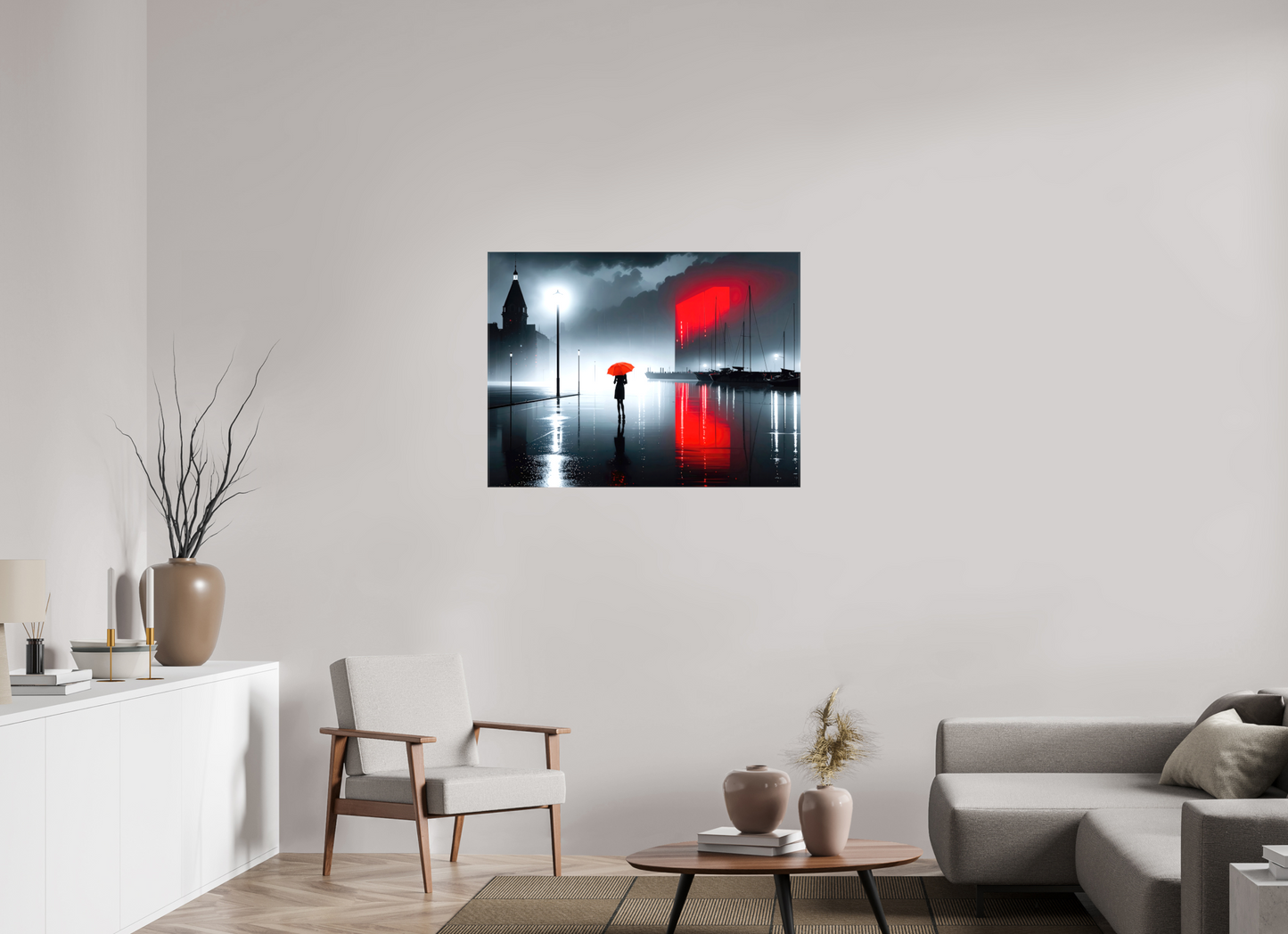 100 x 75 cm, Leinwand glänzend Frau am Seglerhafen bei Nacht-01