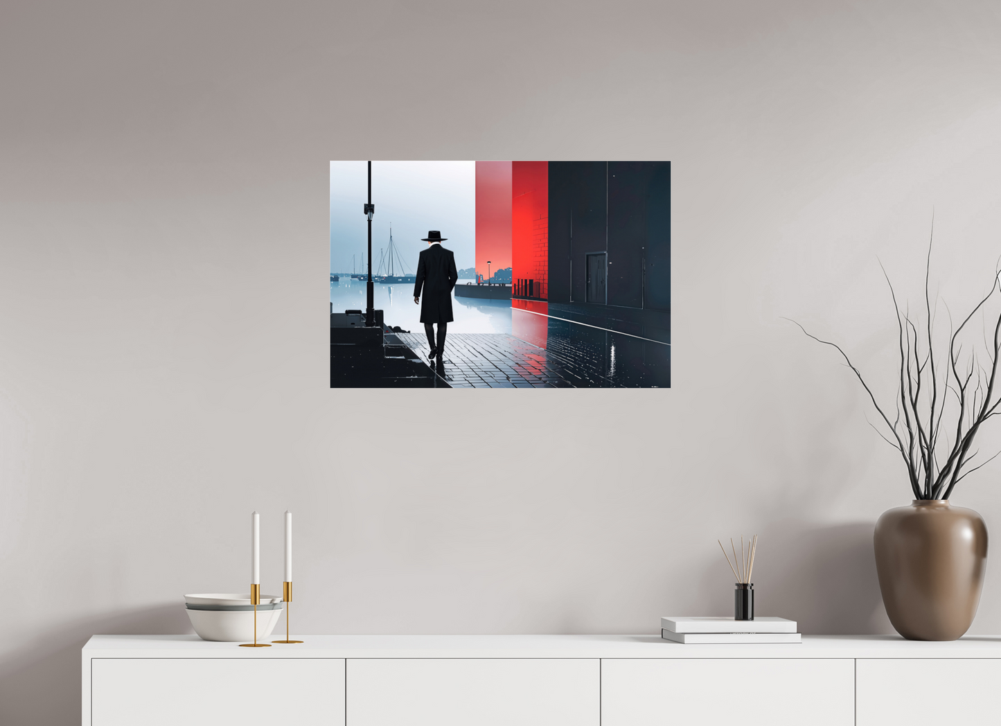 75 x 50 cm, Acrylglas glänzend standard Mann in Hafenstadt -noir city- 01
