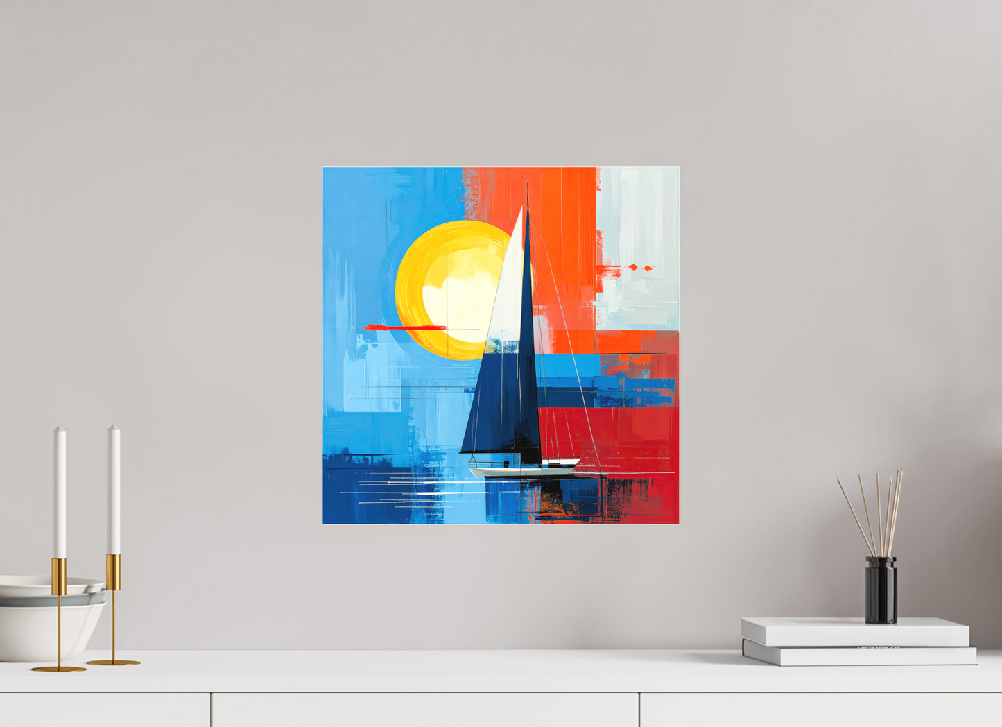 40 x 40 cm, Fine Art Pigmentdruck hinter Acrylglas Segelboot-Kunst – Licht, Farbe und Bewegung