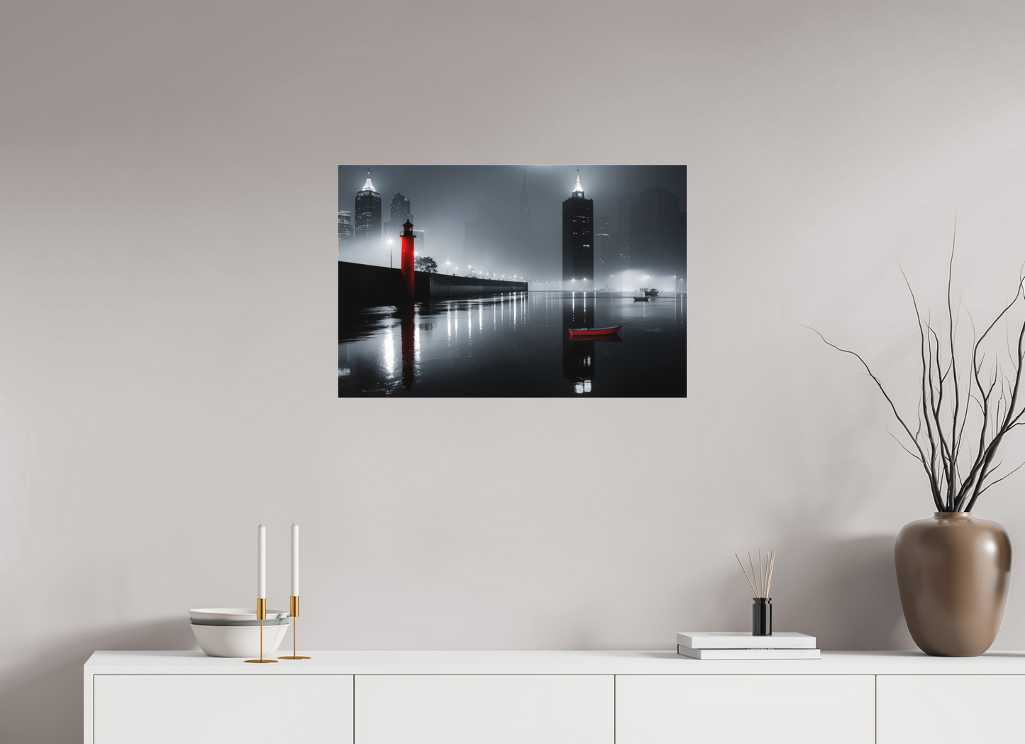 75 x 50 cm, Fine Art Pigmentdruck hinter Acrylglas Hafenstadt bei Nacht -noir city- 01